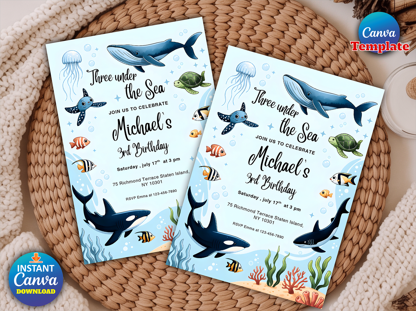 Editable Three Under the Sea 3rd Birthday Party Invitation