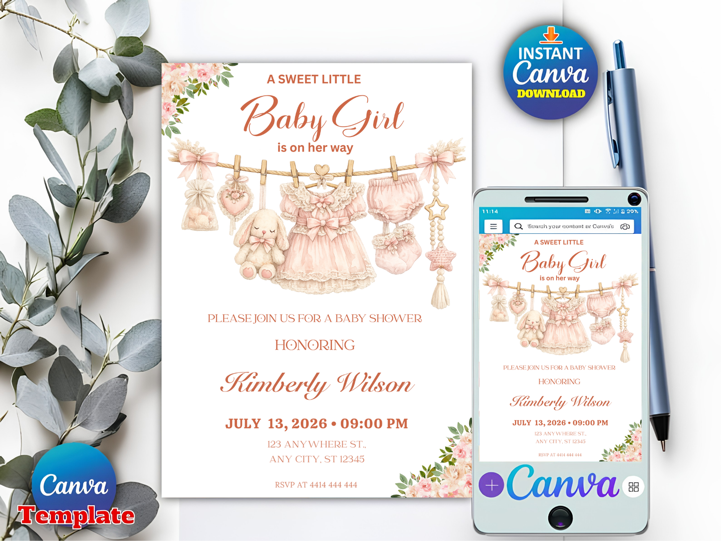 Boho Girl Clothesline Baby Shower Invitation, Boho Baby Clothes Invitation, Instant Download, Digital Template, Editable Canva