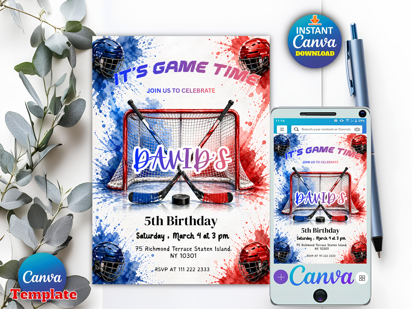Hockey Birthday Invitation, Ice Hockey Party Invite, Printable Sports Theme, Editable Digital Download, Canva Template