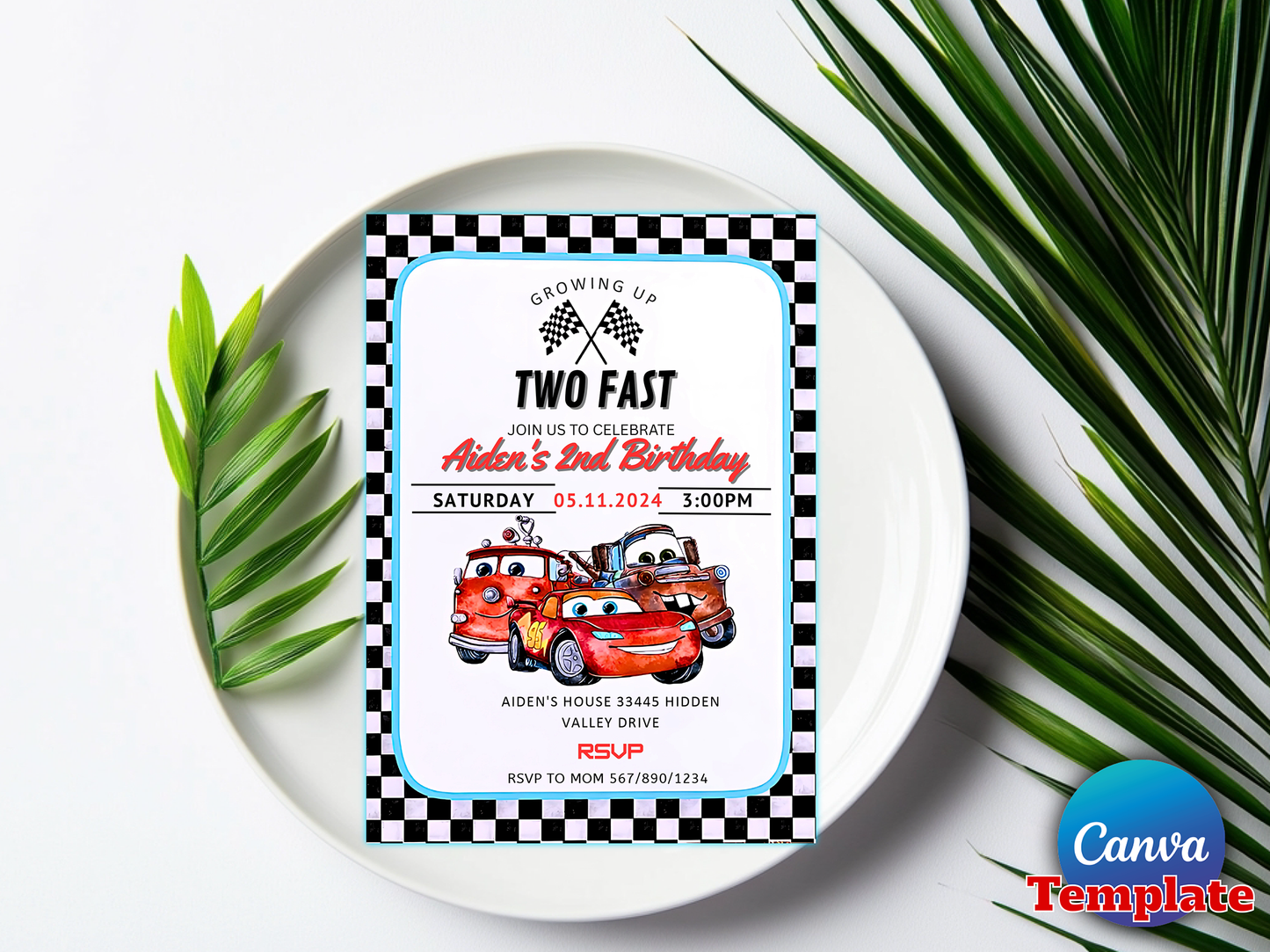Two Fast Race Car Theme 2nd Birthday Invitation Canva Template Printable