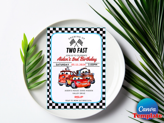 Two Fast Race Car Theme 2nd Birthday Invitation Canva Template Printable