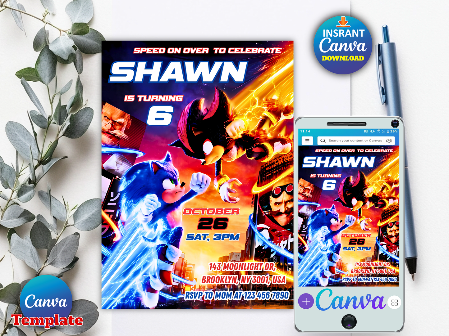 Sonic Birthday Invitation Template(Printable)