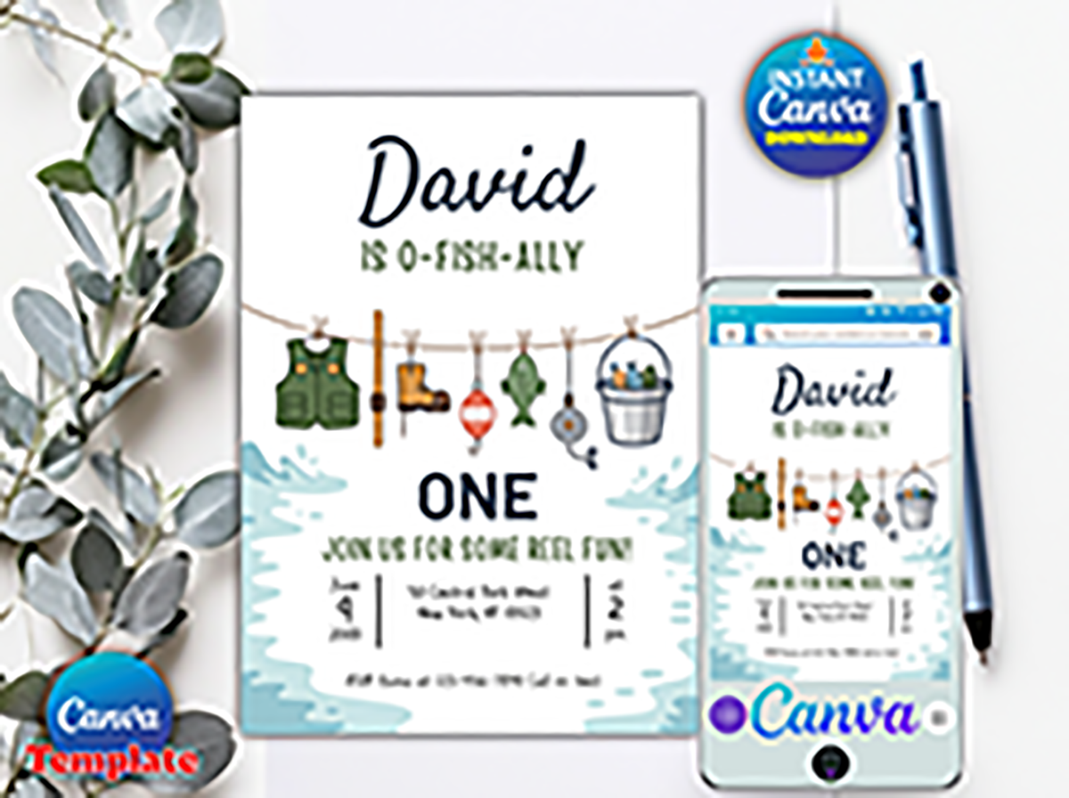 Editable Fishing 1st Birthday Party Invitation
