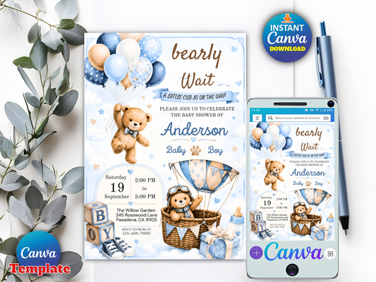 Editable Bear Baby Shower Invitation | We Can Bearly Wait Boy Party (Digital Download)