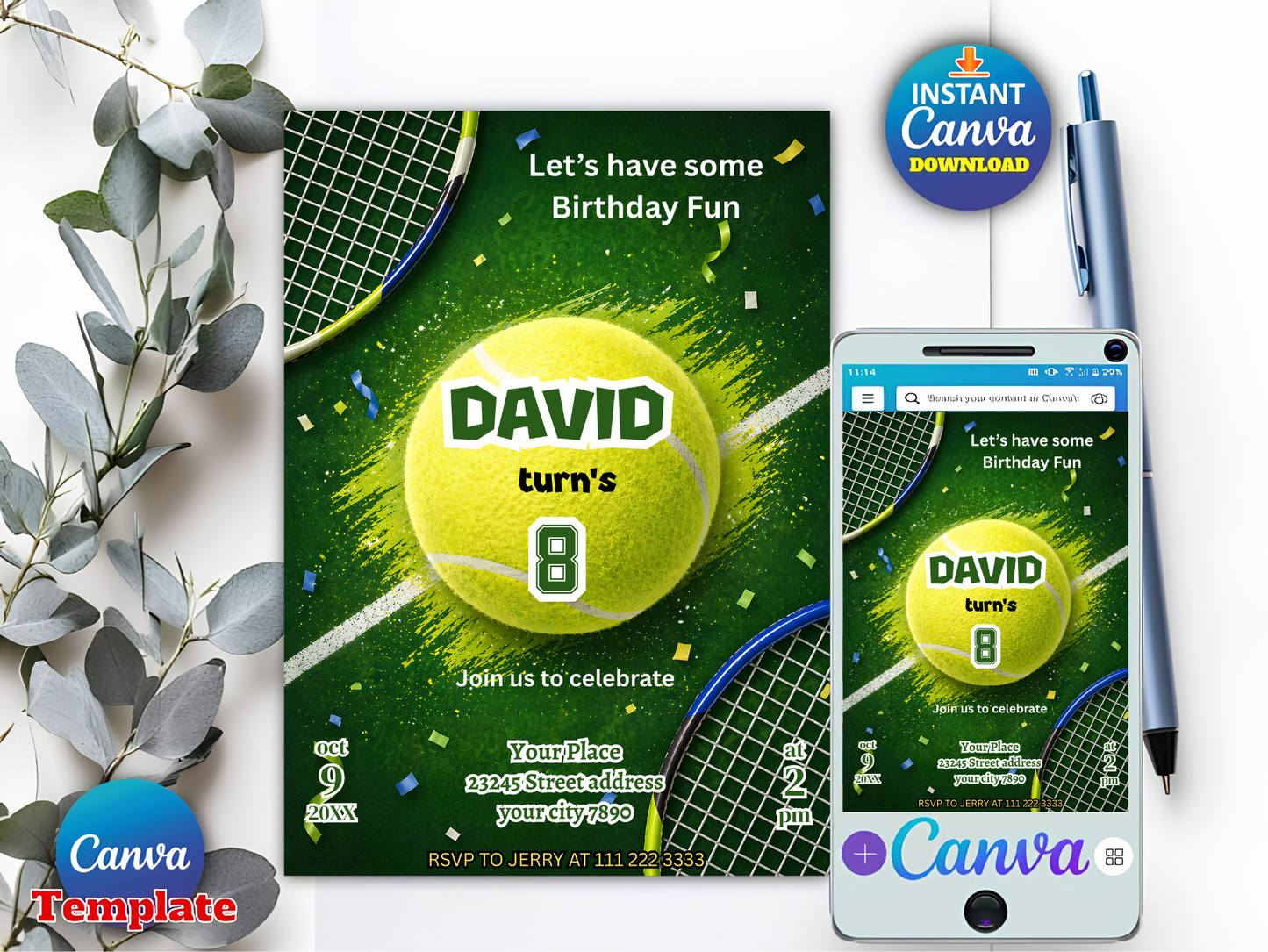 Tennis Birthday Invitation Template Editable, Tennis Party Invite, Kids Sports Birthday Invite, Tennis Ball Invite, Printable Tennis Invite