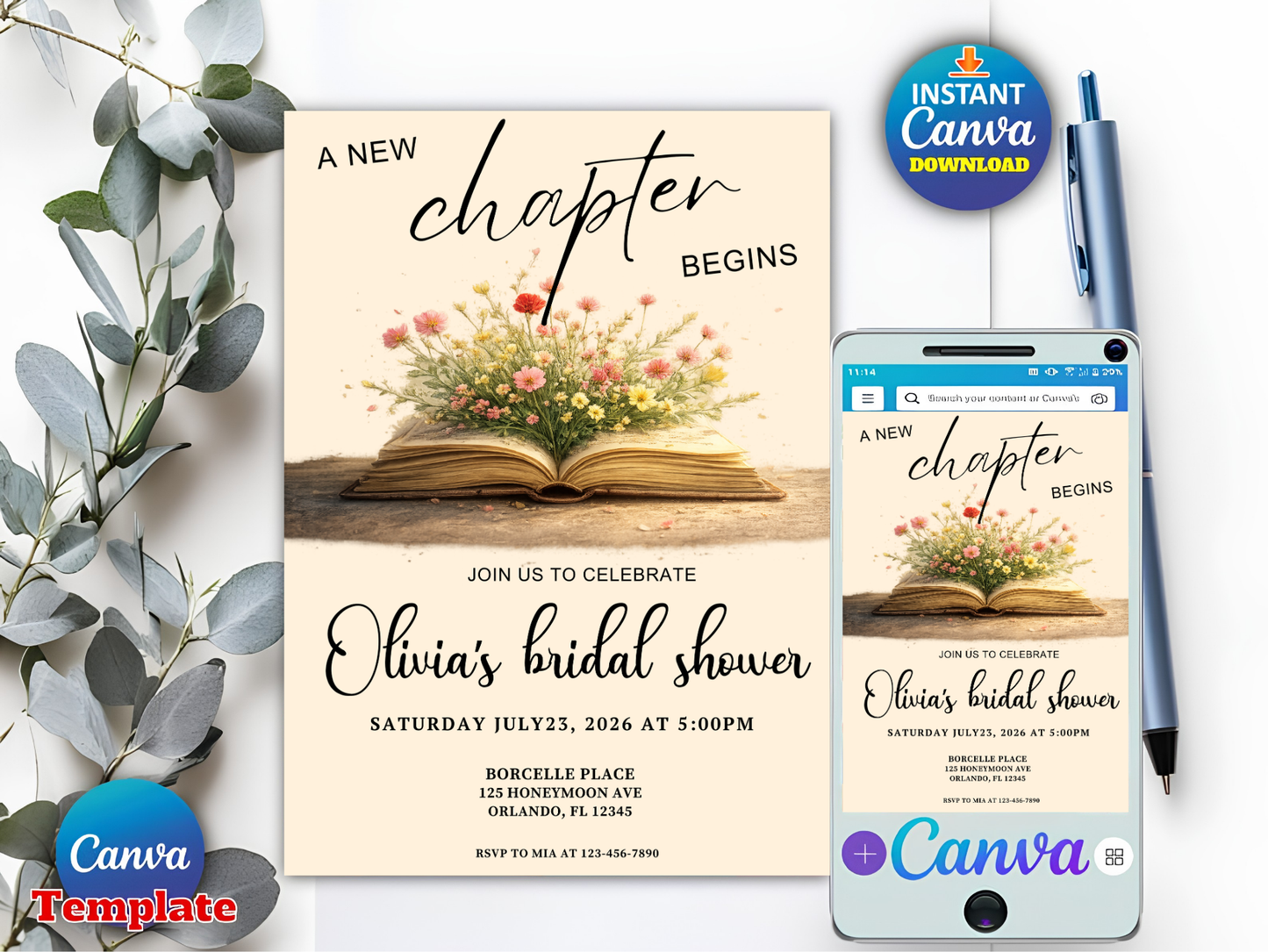 A New Chapter Bridal Shower Invite Set, Book Themed Bachelorette Party, Editable in Canva