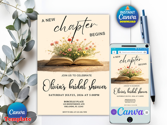 A New Chapter Bridal Shower Invite Set, Book Themed Bachelorette Party, Editable in Canva