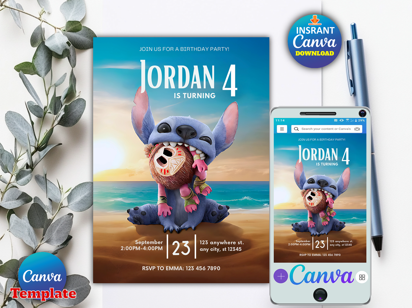 Lilo and Stitch Themed 4th Birthday Invitation Canva Template
