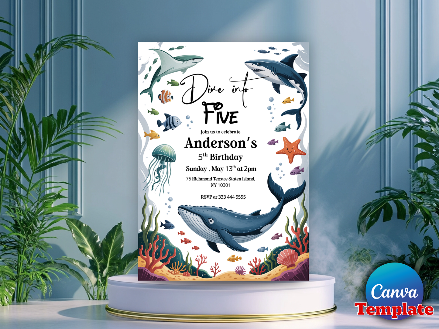 Editable Under the Sea Dive Into Five 5th Birthday Party Invitation