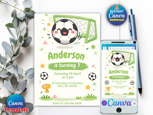 Editable Soccer Party Invite, Sports Theme, Kids Football Birthday