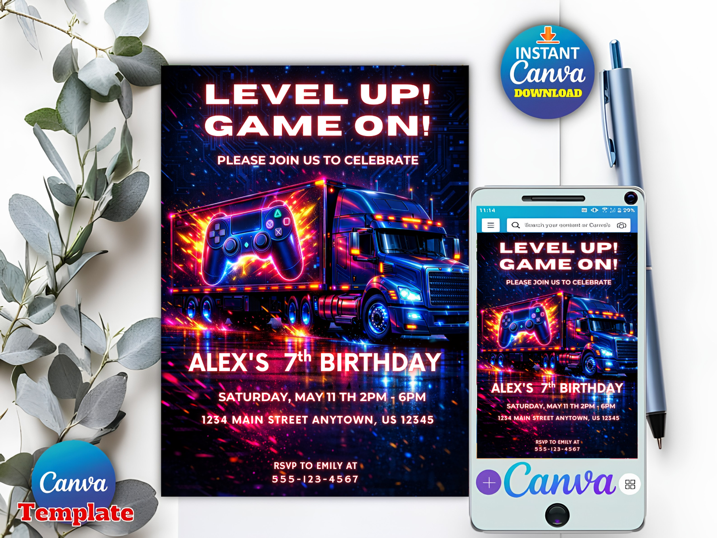 Video Game Truck Birthday Party Invitation