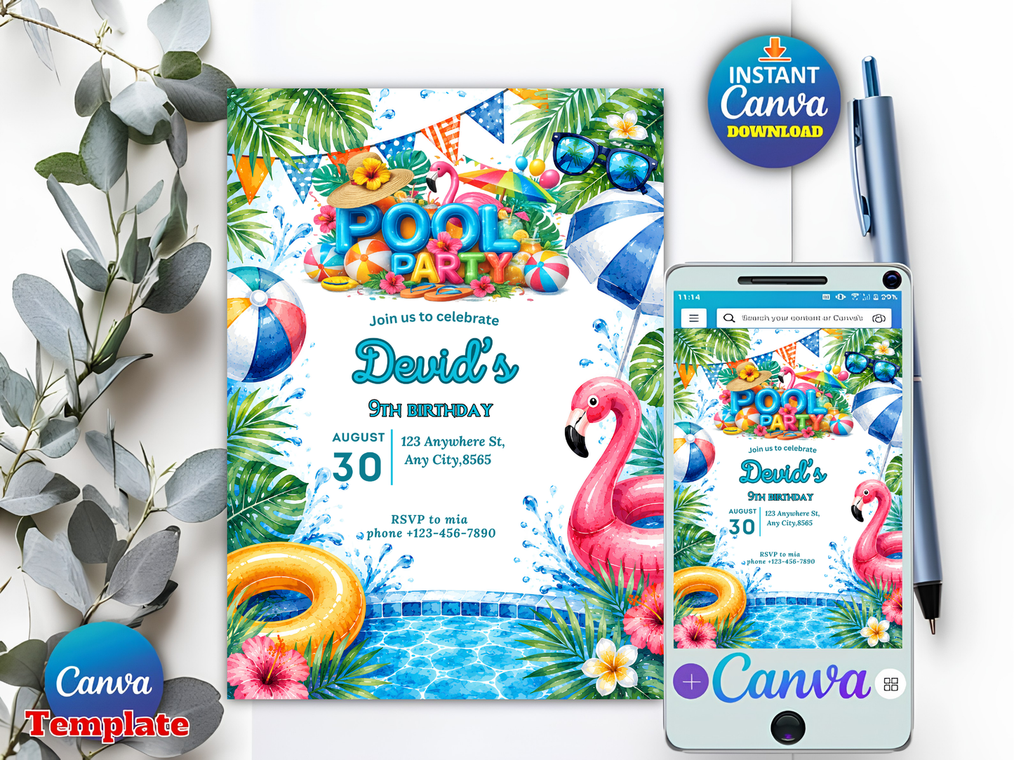 Pool Party Birthday Invitation, Pool Party Invite, Summer Pool Party, Pool Party Birthday, Teenage Birthday, Editable Canva Template