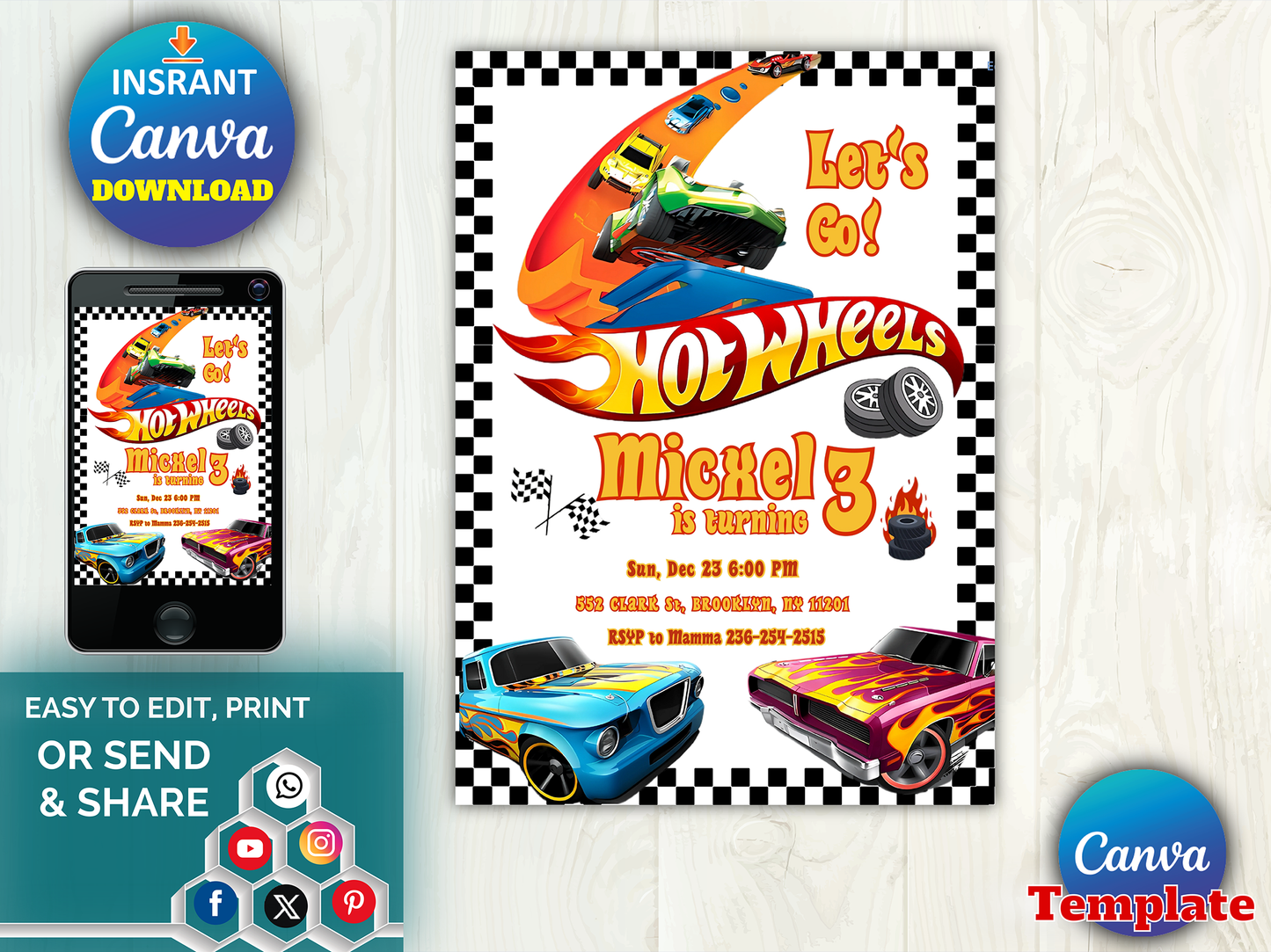 Editable Hot Wheels Birthday Invitation Template – Race Car 3rd Birthday Party Invite