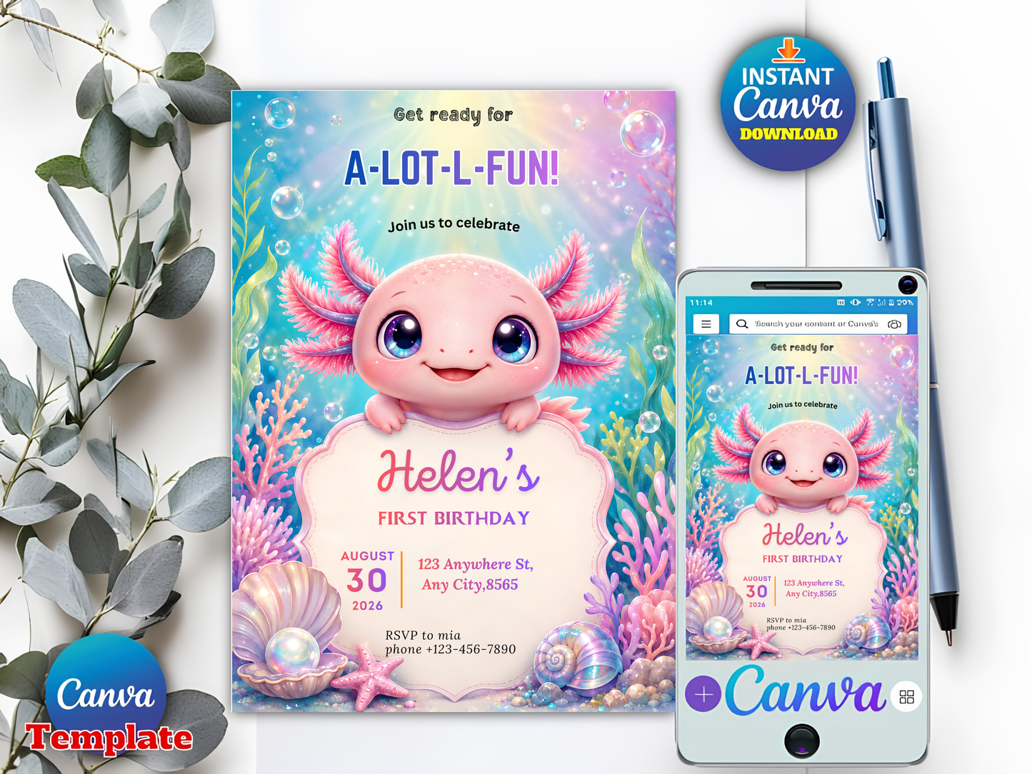 Axolotl Birthday Invitation Girl, A-Lot-L-Fun Underwater Invite, Cute Pink Axolotl 1st Birthday Canva Template Digital Download