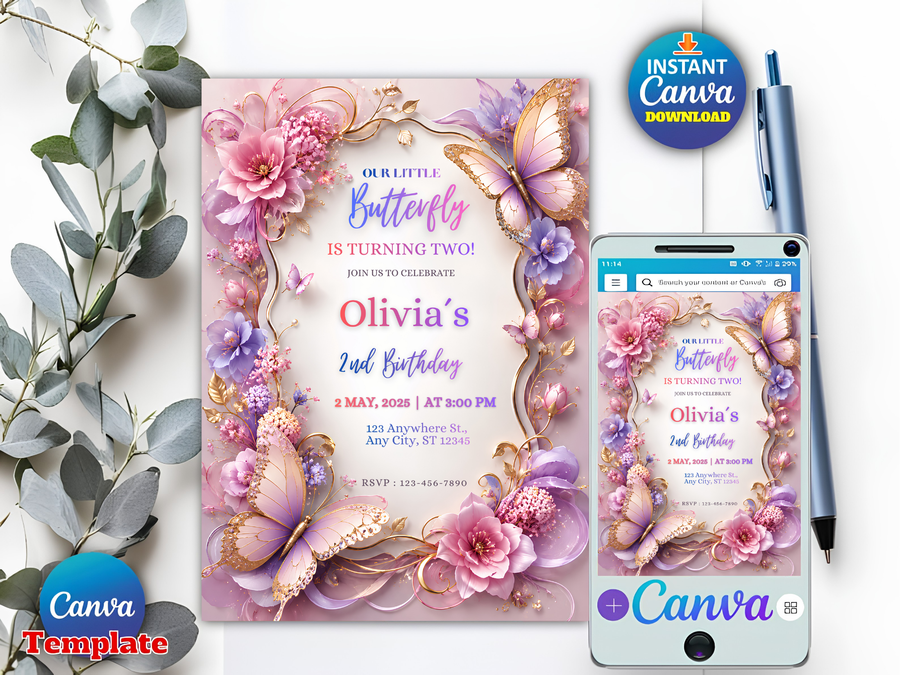 A digital invitation template design shown on a printed card and a smartphone screen, with decorative eucalyptus leaves, a pen, and Canva branding. The design features pastel pink and lavender floral artwork with gold butterfly accents and readable birthday text.
