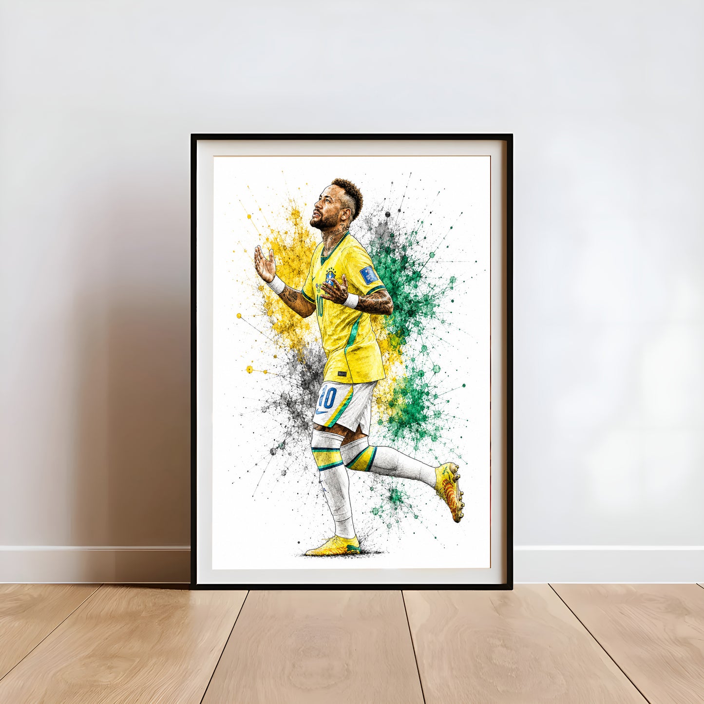 Neymar Jr Brazil Looking Up to Sky Gratitude Celebration Watercolor Splatter Art Poster (Printable+Physical)