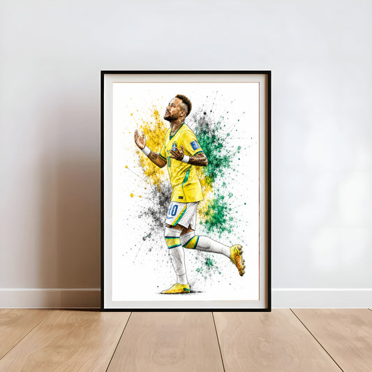 Neymar Jr Brazil Looking Up to Sky Gratitude Celebration Watercolor Splatter Art Poster (Printable+Physical)