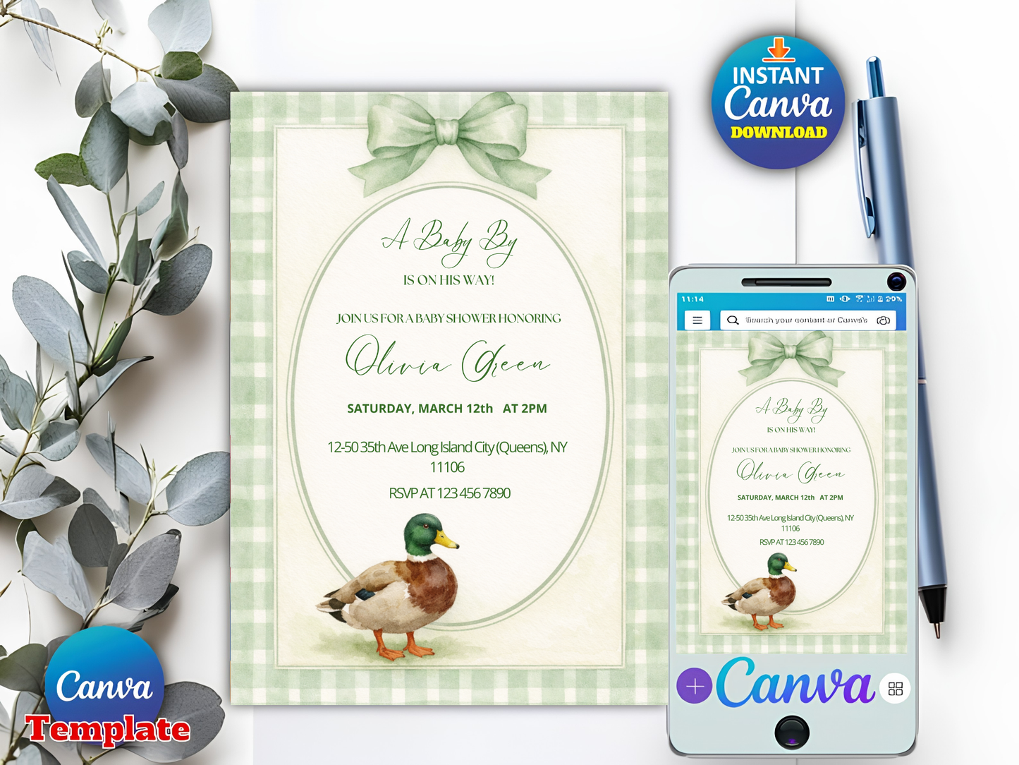 Editable Baby Boy Mallard Duck Baby Shower Invitation