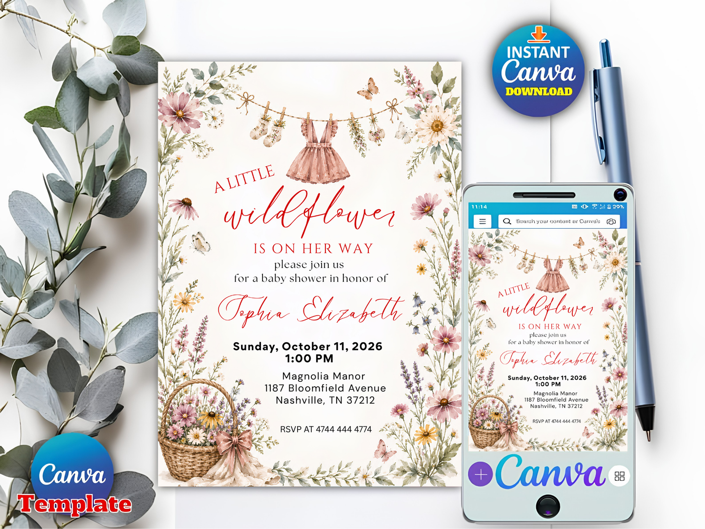 A Little Wildflower Baby Shower Invitation, Dress Wildflower Baby Shower Invite, Baby in Bloom, 5x7", Canva Template