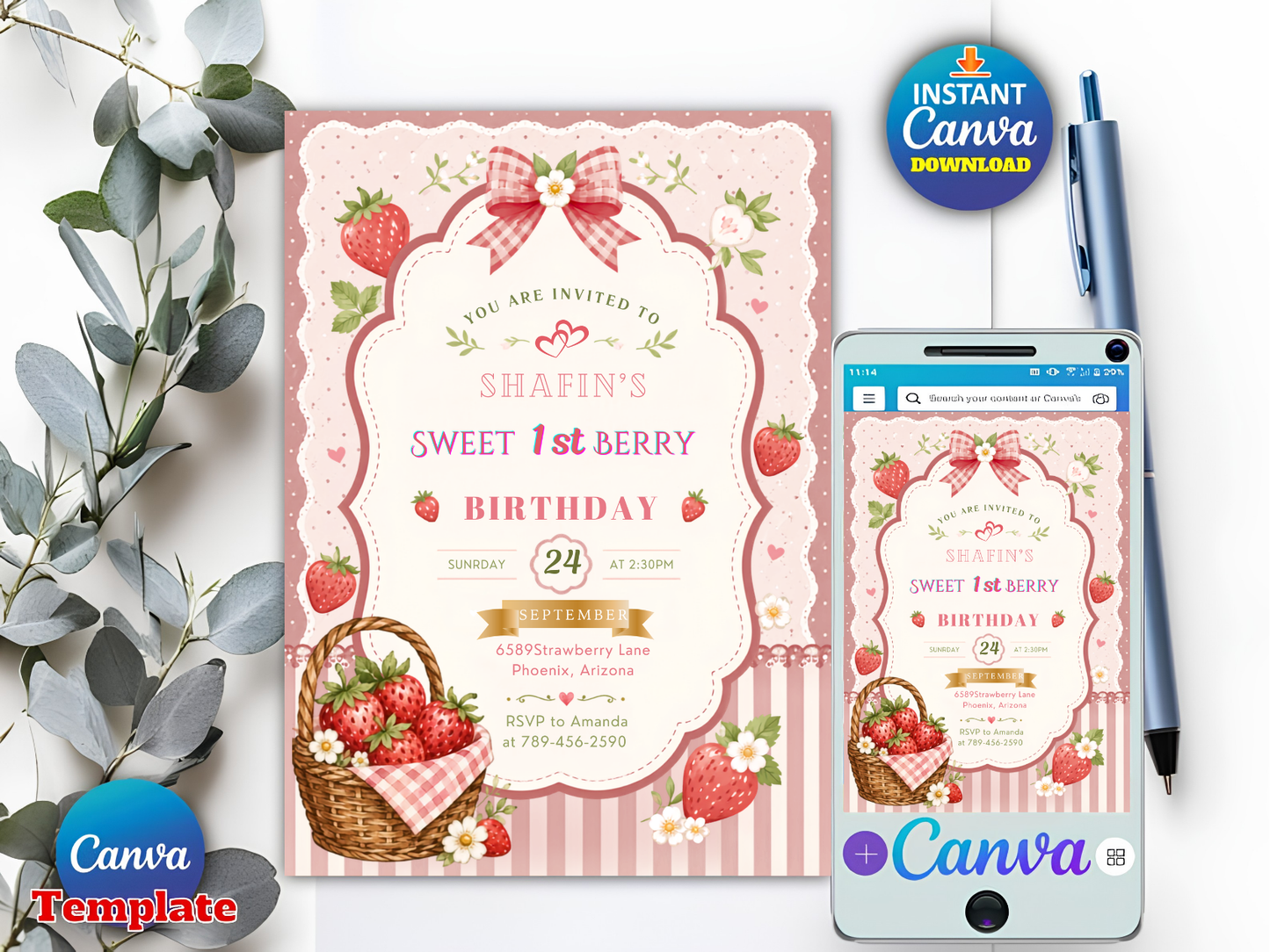 Strawberry Birthday Invitation, Berry First Birthday Invitation, Strawberry Thank You Tags (Digital Download)