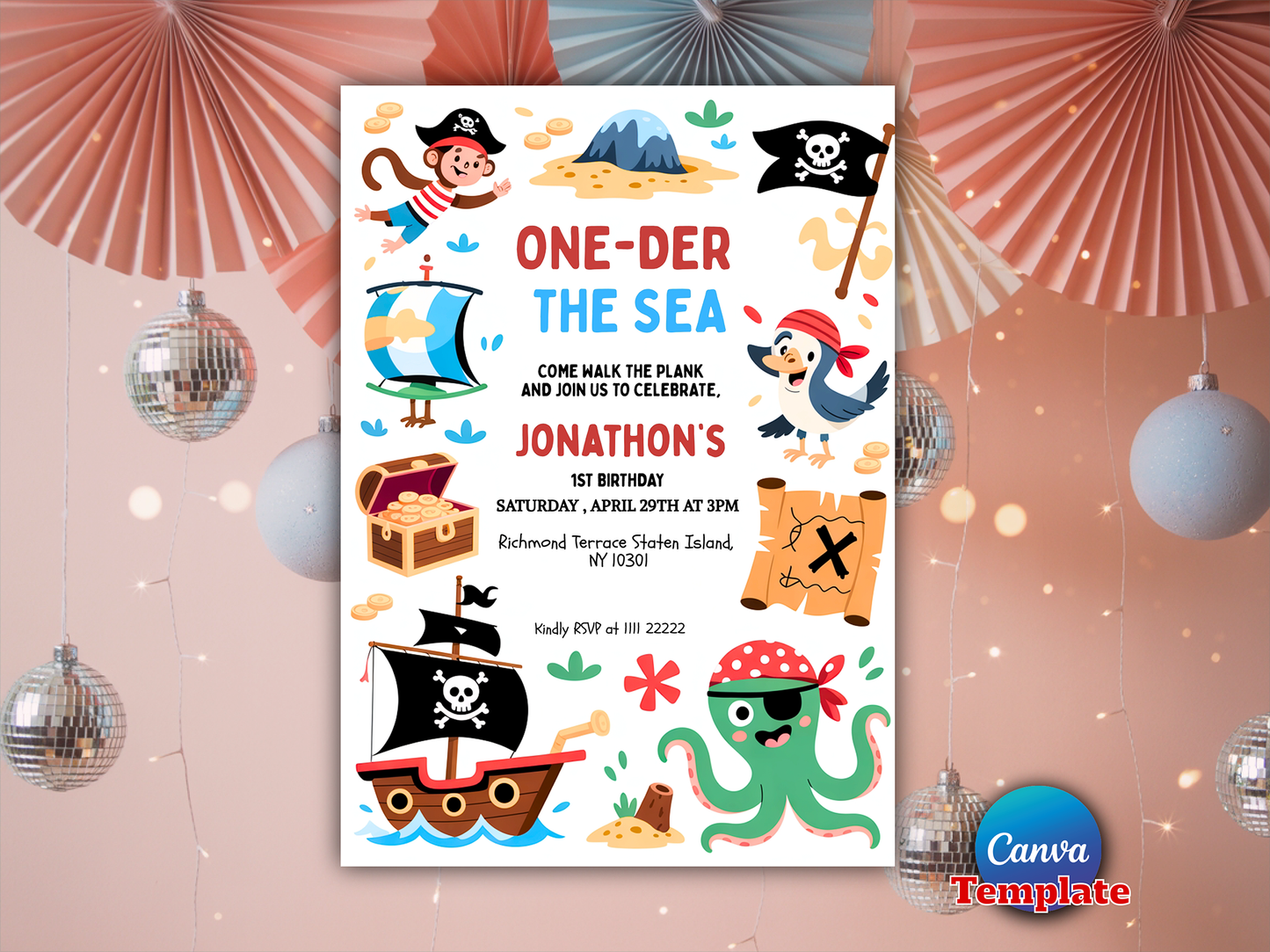 Editable One-der The Sea Pirate 1st Birthday Party Invitation
