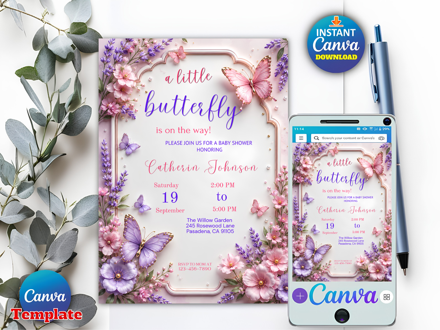 Editable Butterfly Baby Shower Invitation, Baby Shower Invite, Butterfly Invitation, Canva Template, Instant Download