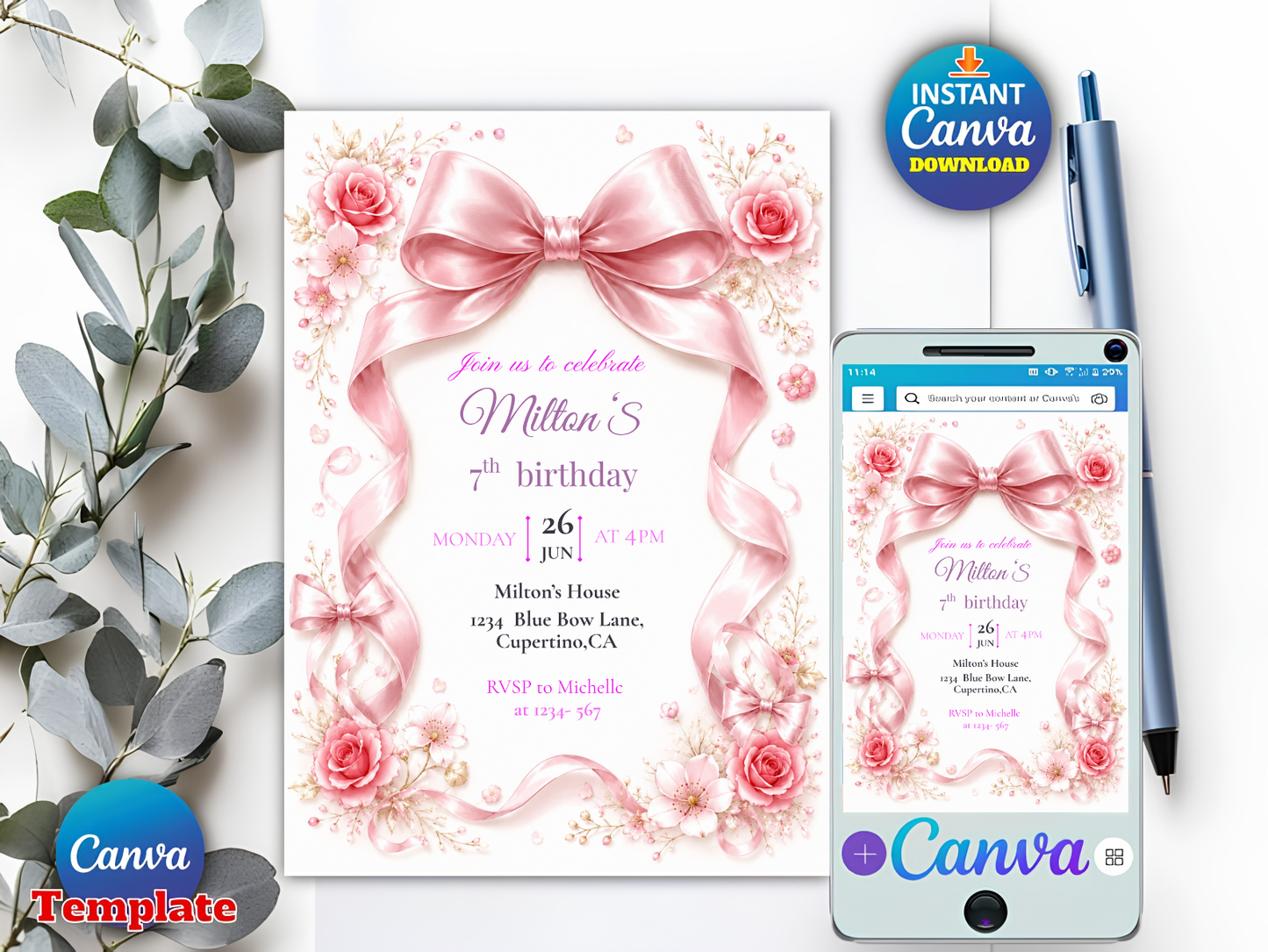 A pink floral birthday invitation template shown on a white card with a smartphone preview, plus Canva logo badges and a pen on a light background.