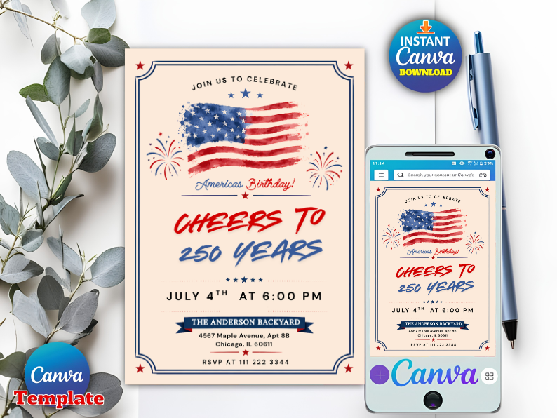 Editable America 250th Semiquincentennial 4th of July Invitation Template | Cheers to 250 Years Party Invite Canva