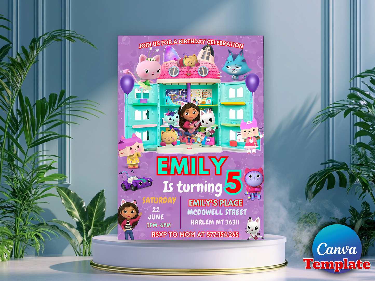 Gabby's Dollhouse Theme 5th Birthday Invitation Canva Template Printable