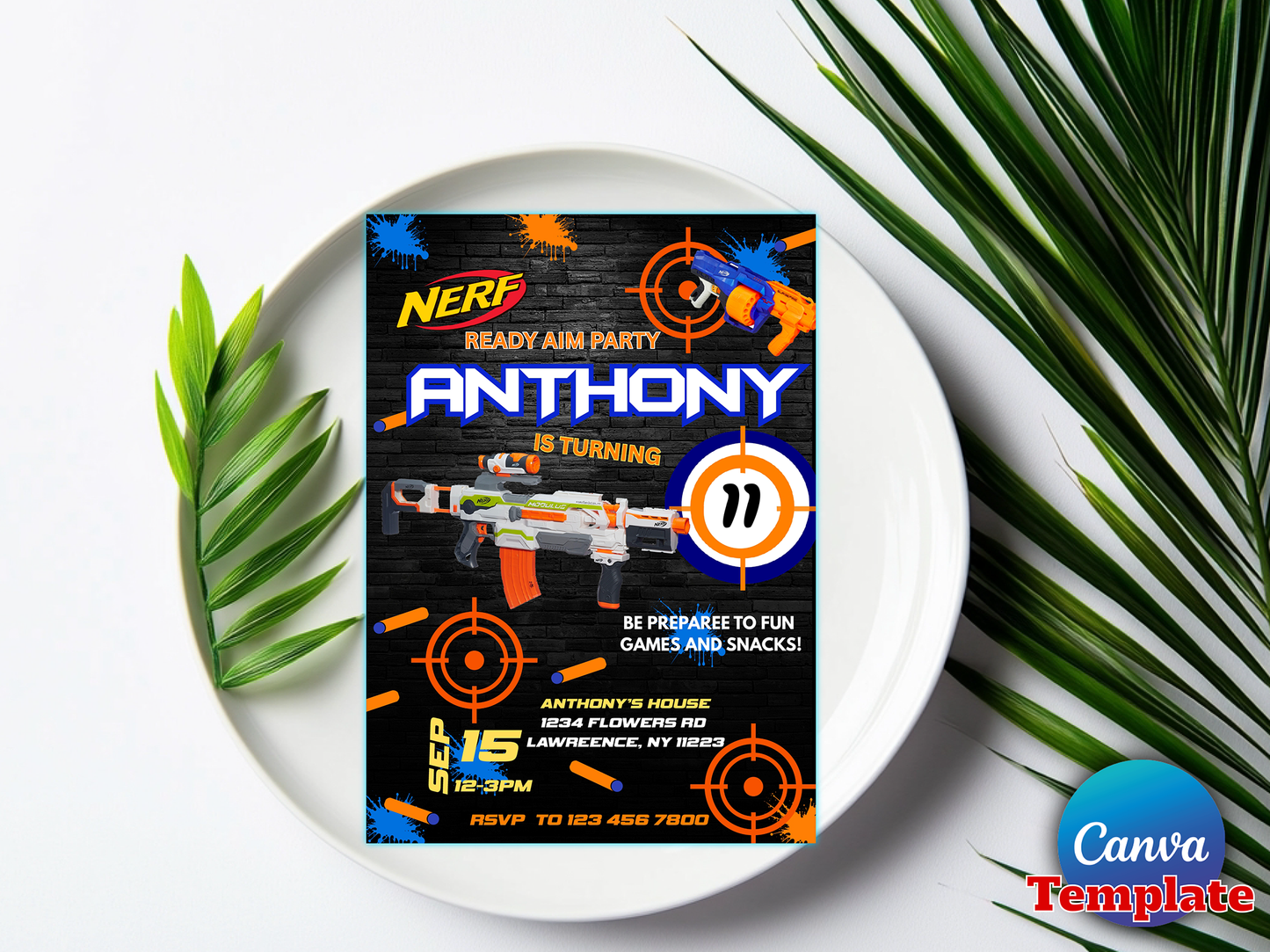 Nerf Gun Theme Birthday Invitation Template - Editable Canva Digital Download