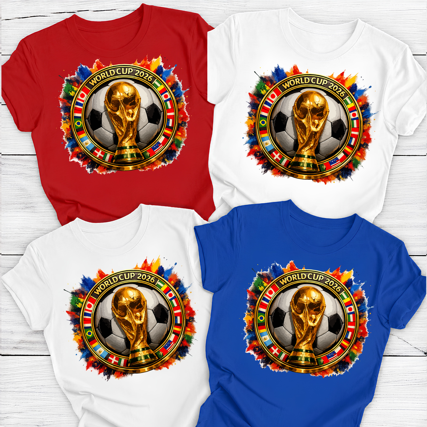 Official World Cup 2026 Colorful Soccer Trophy Graphic T-Shirt (physical)