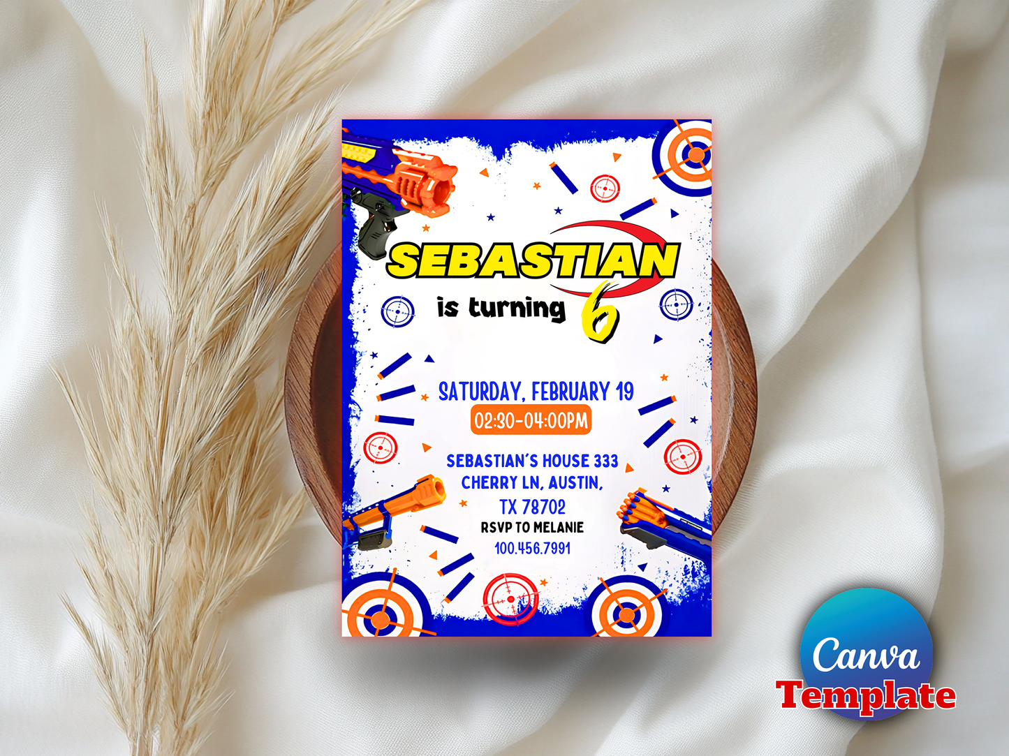 Nerf Gun Theme 6th Birthday Invitation Canva Template Printable