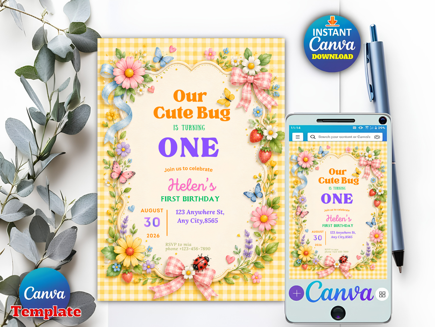 Our Cute Bug Birthday Invitation, Bug Birthday Party Invite, Butterfly Ladybug Garden Party, Any Age Birthday, Editable Canva Template