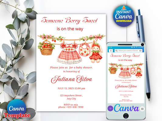 Berry Sweet Baby Shower Invitation Template : Boho Girl Clothesline Strawberry Party Invite (Canva Editable, Instant Download)