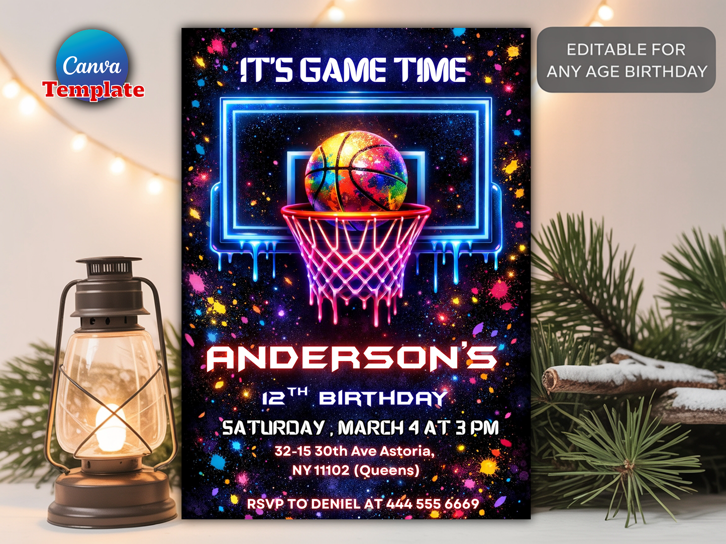 Basketball Birthday Invitation, Ice Cream Drip Neon Party