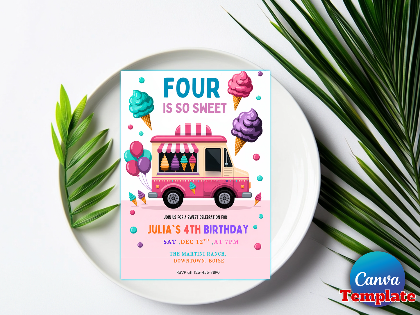 Editable Ice Cream Truck Birthday Invitation