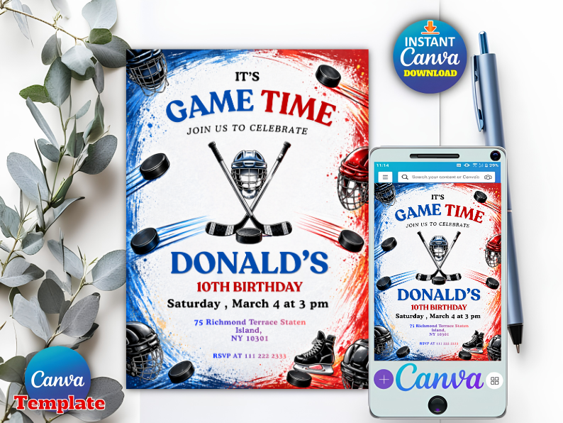 Ice Hockey Birthday Party Invitation, Ice-Skating Invite, Double Sided Winter Skating, Kids Hockey Bday Party Printable, Editable Canva