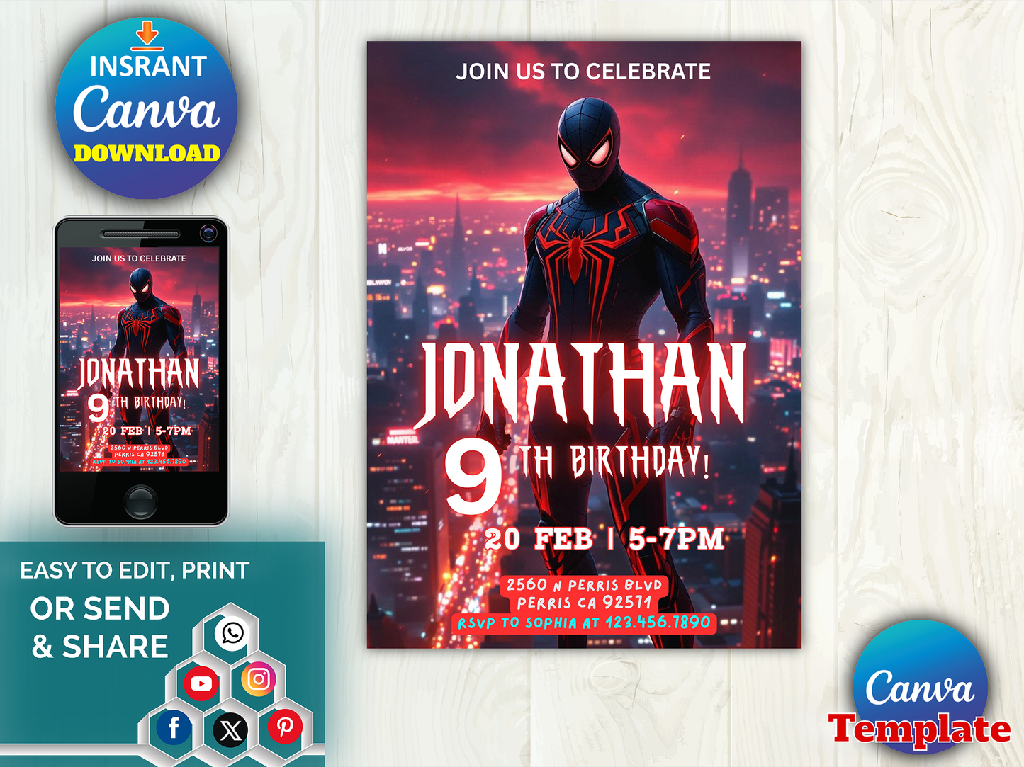 Editable Miles Morales Spider-Man 9th Birthday Invitation Canva Template