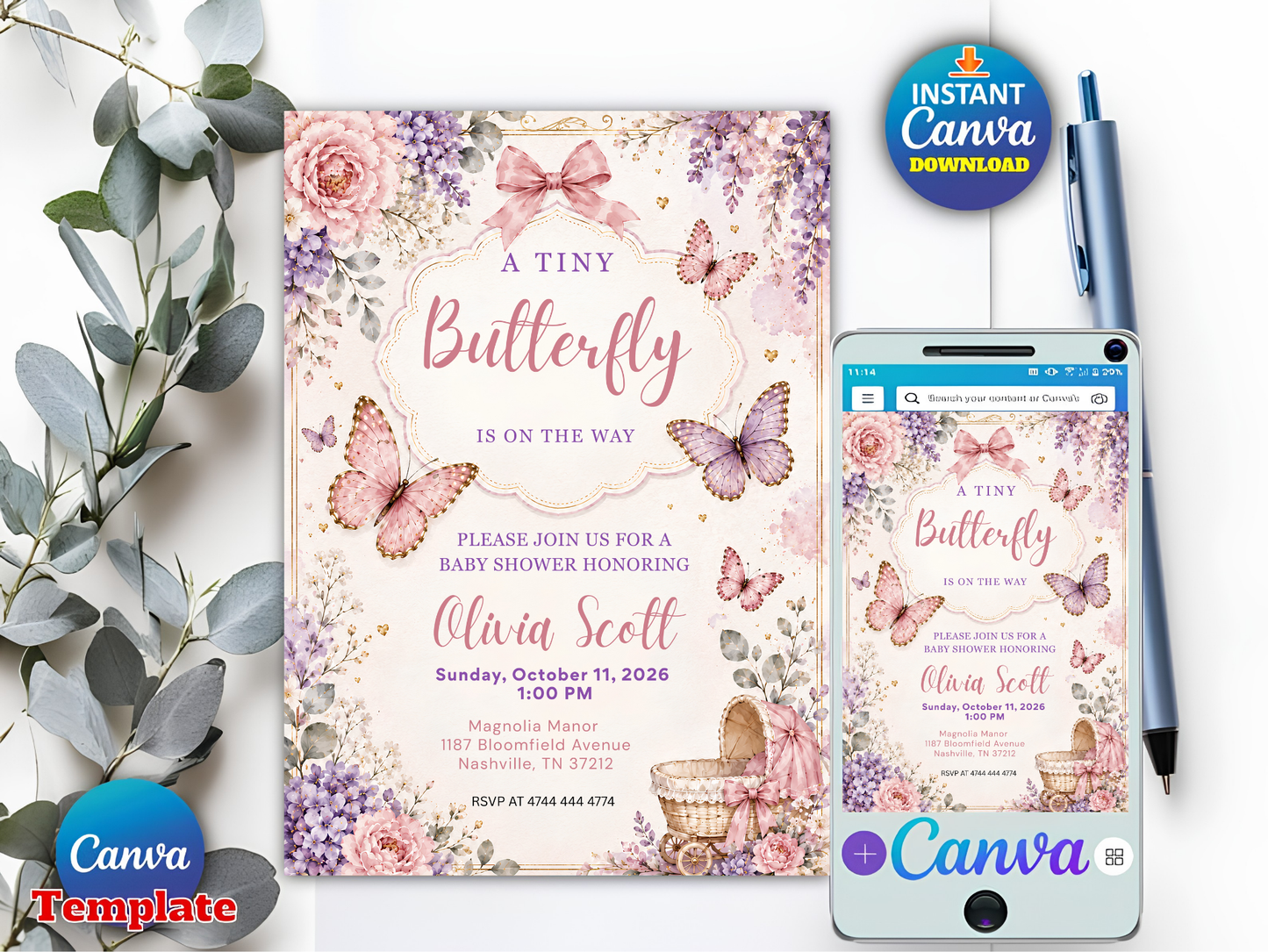 A Tiny Butterfly Baby Shower Invitation Canva Template, Floral Girl Shower Invite, Pink Purple Editable Butterfly Baby Shower Invitation