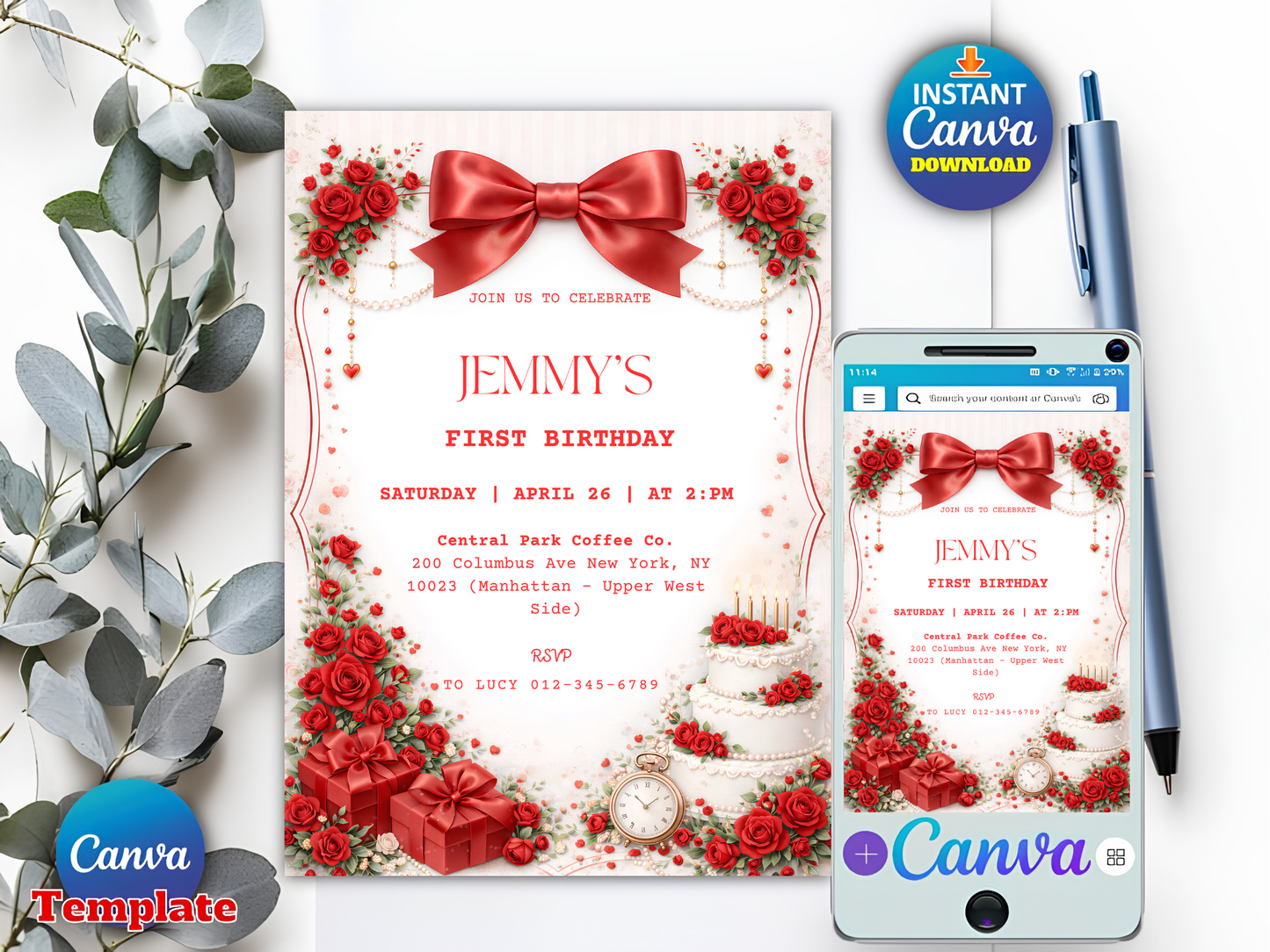 Editable Vintage Rose Elegant Coquette Pink Bow Floral Birthday Invitation Template