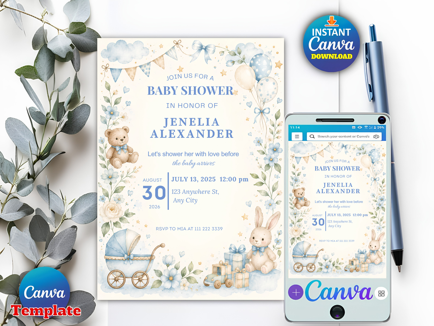 Blue Baby Shower Invitation Template, Vintage Nursery Toys Invite, Teddy Bear Rocking Horse, Floral Editable Printable Download