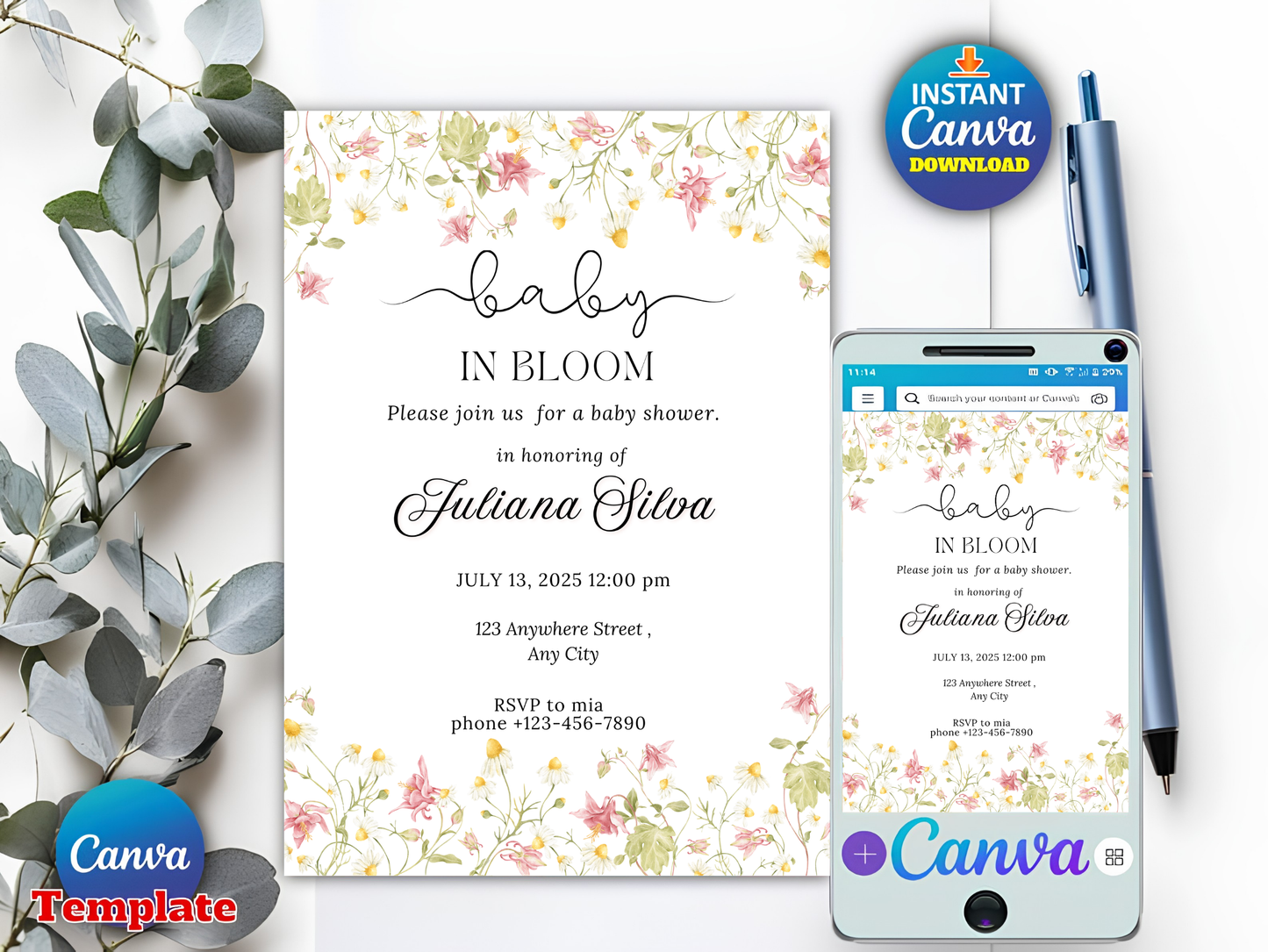 Editable Baby in Bloom Baby Shower Invitation, Wildflower Baby Shower Invite, Pink Spring Flowers Baby Shower Invitation, Canva Template