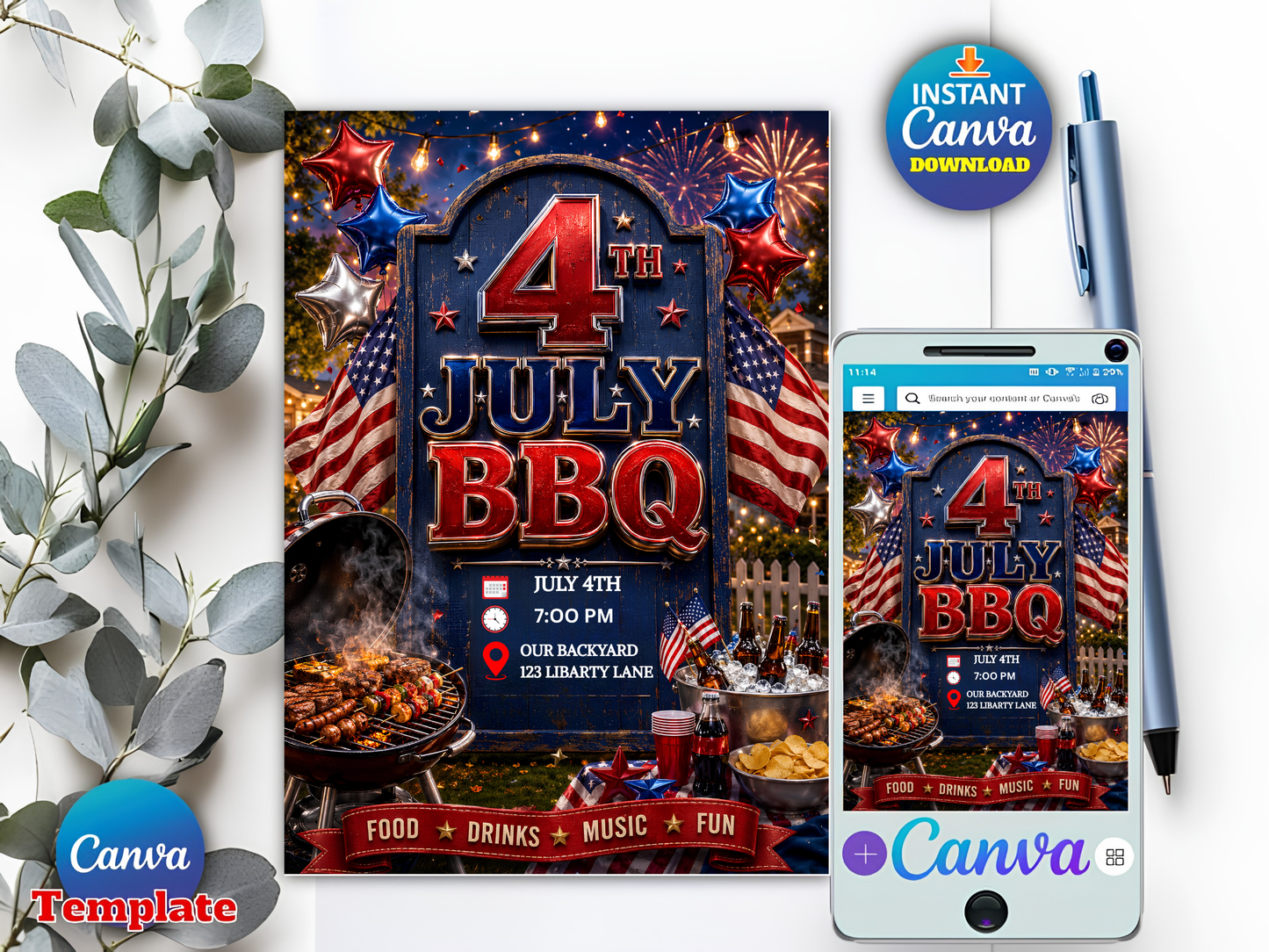 Editable 4th of July Party Invitation Template | USA Independence Day Fireworks Invite Canva