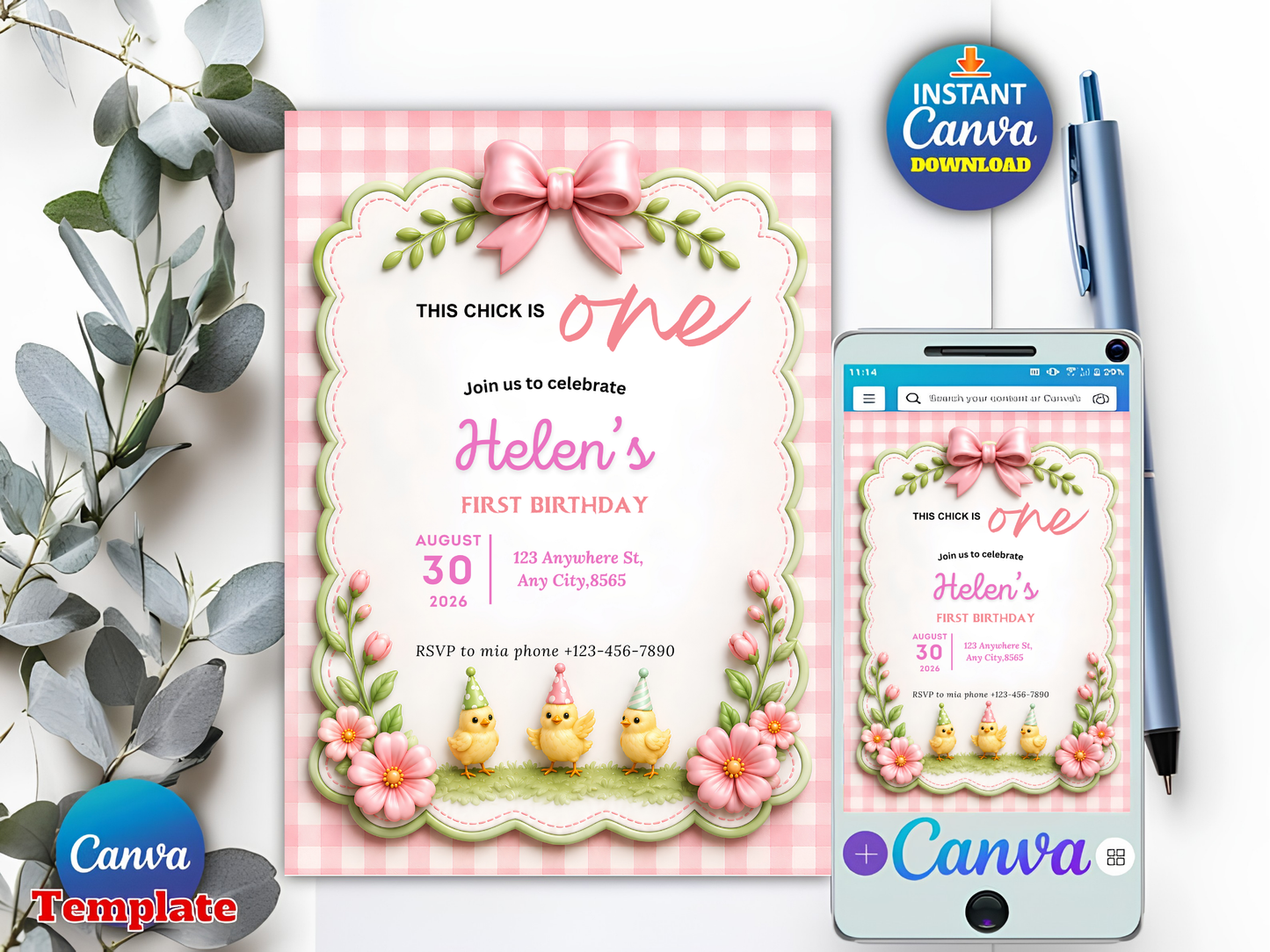 This Chick Is One Invitation – Baby Chick Girl 1st Birthday Editable Canva Template