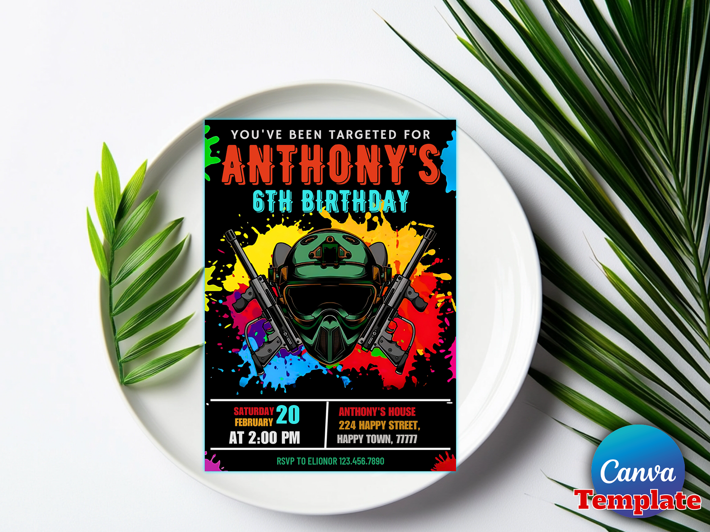 Paintball Theme 6th Birthday Invitation Canva Template Printable