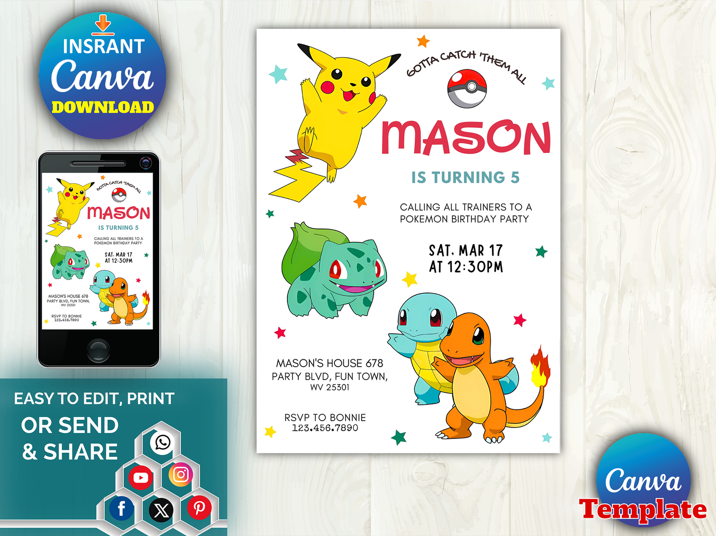Pokémon Themed 5th Birthday Invitation Canva Template