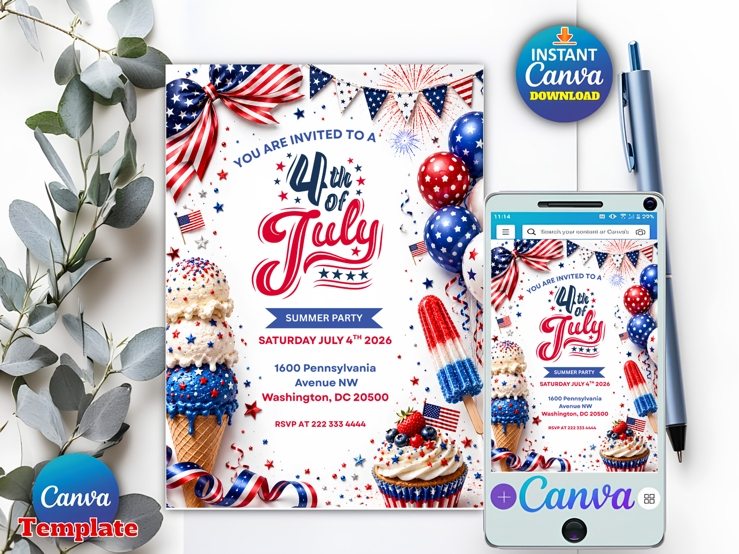 4th of July Invitation Template, USA Independence Day Invitation, Summer Party Invitation, Editable Canva BBQ Invite,