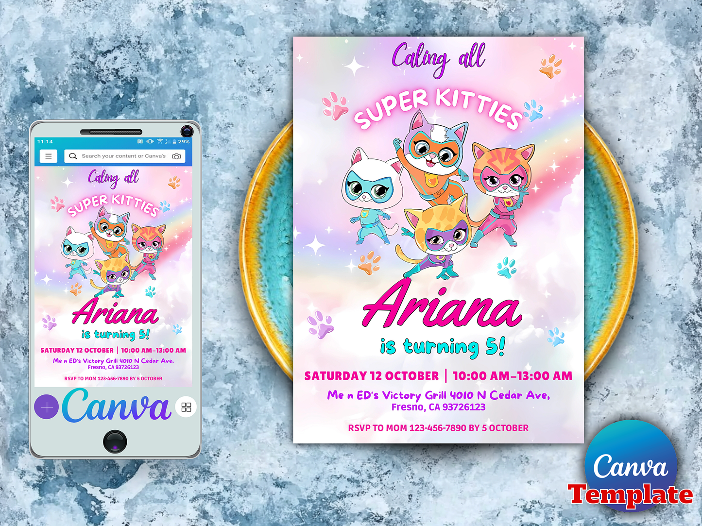 Super Kitties Themed 5th Birthday Invitation Canva Template