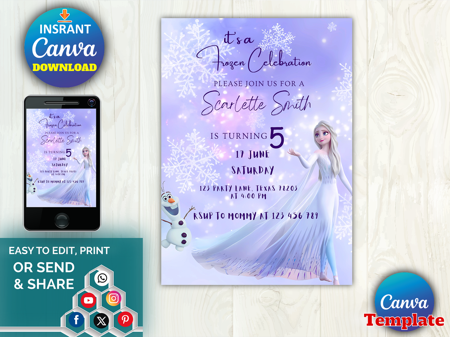 Frozen Princess Birthday Invitation Canva Template – Editable & Printable