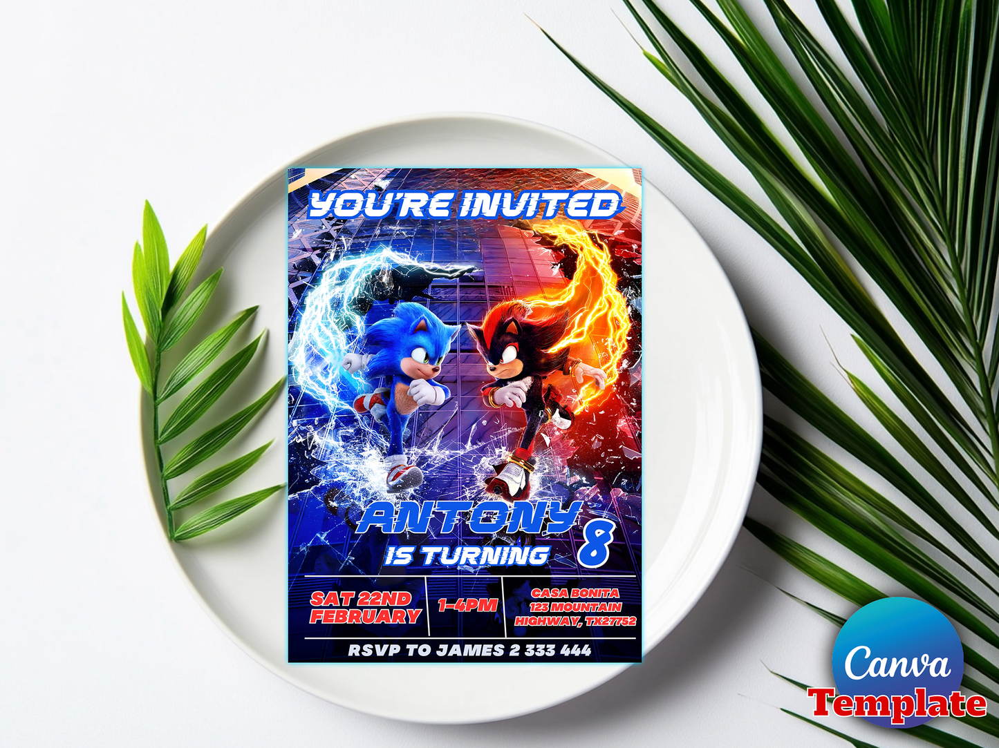 Editable Sonic and Shadow Birthday Invitation Template – Sonic 8th Birthday Party Invite